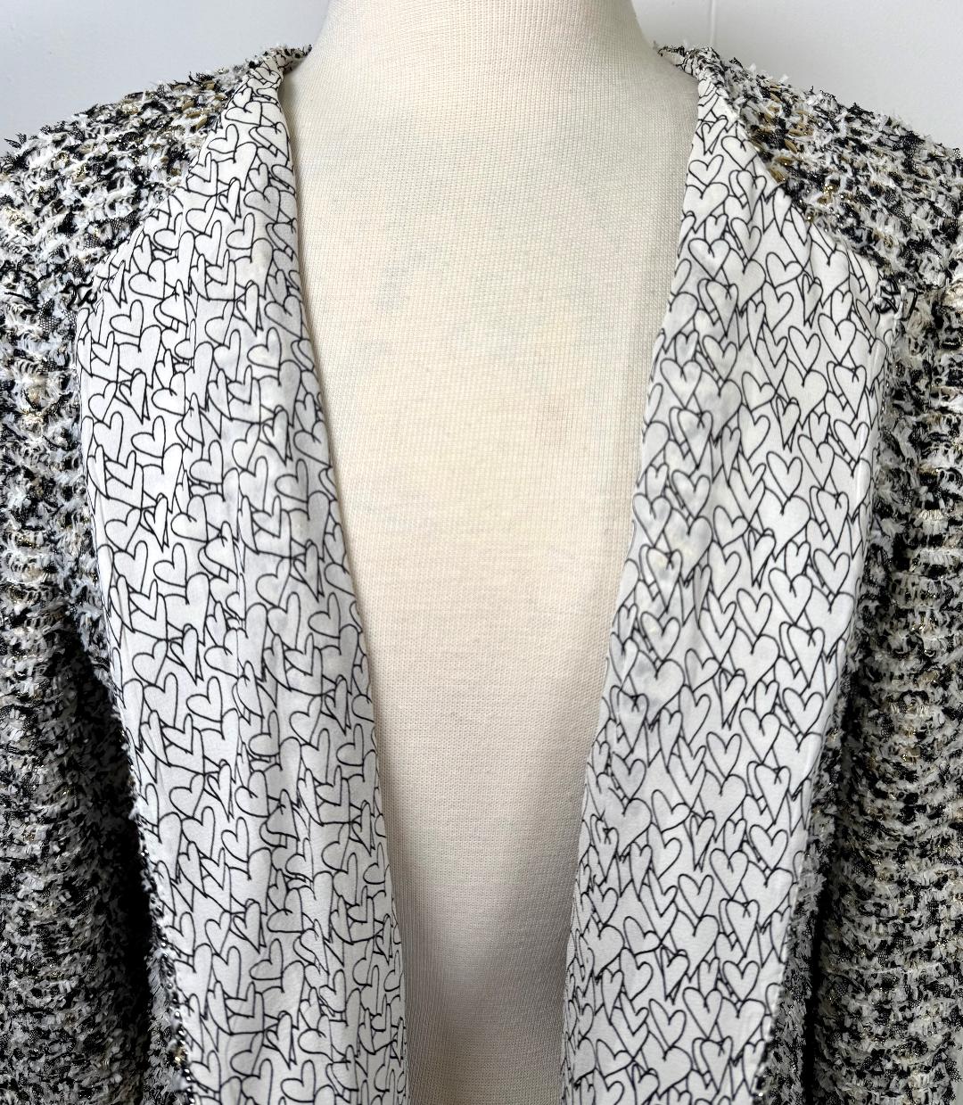 St. John Couture Black & White Eyelash Knit Jacket - Gold Paillettes and Silk Lining - Size 10