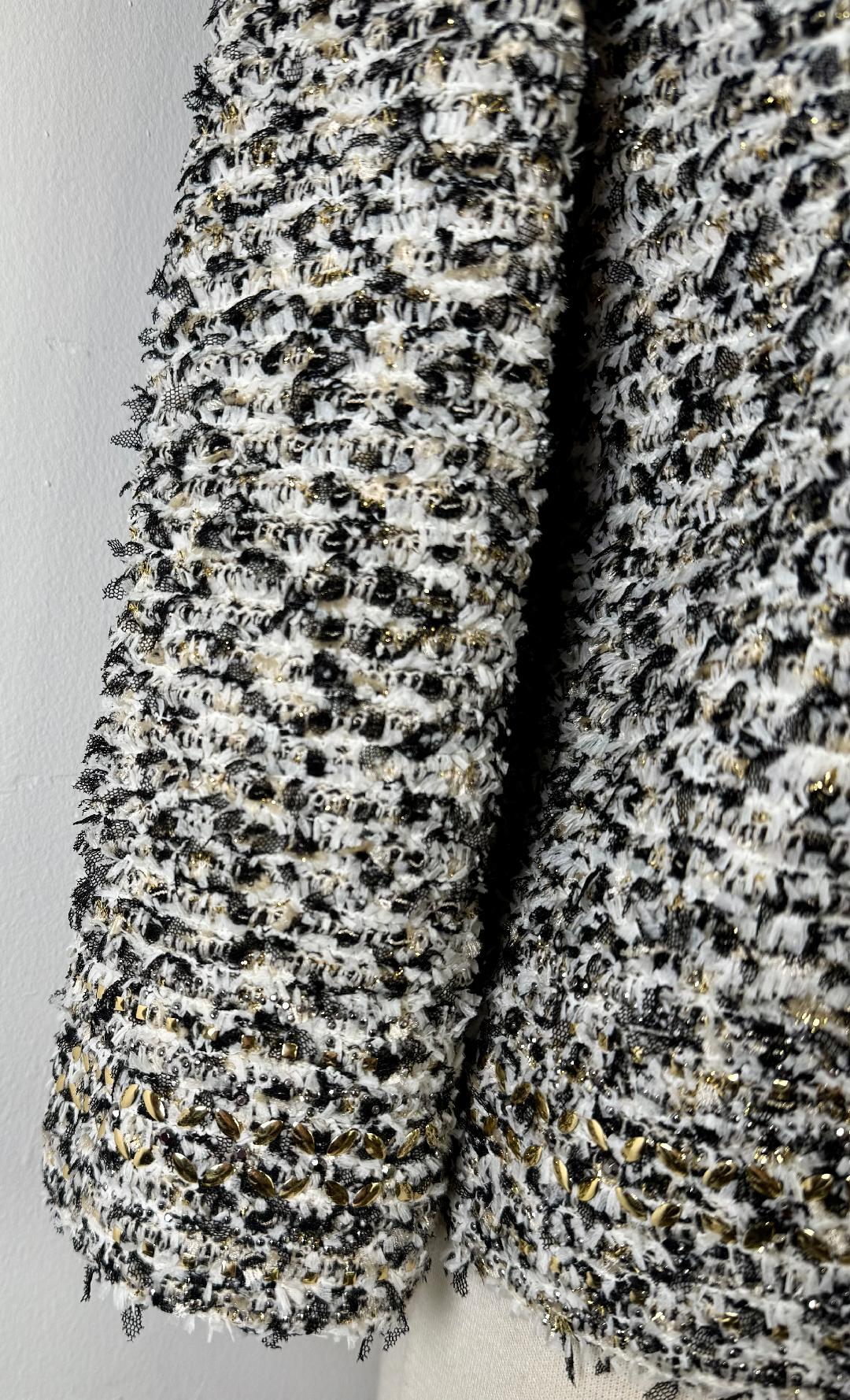 St. John Couture Black & White Eyelash Knit Jacket - Gold Paillettes and Silk Lining - Size 10