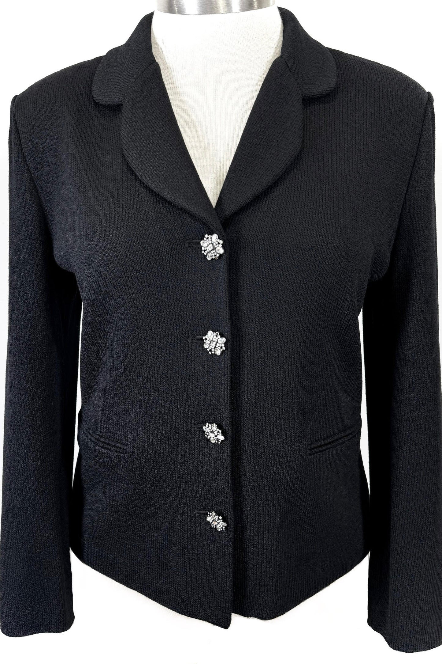St. John Evening Black Santana Knit Jacket with Crystal Buttons - Size 14