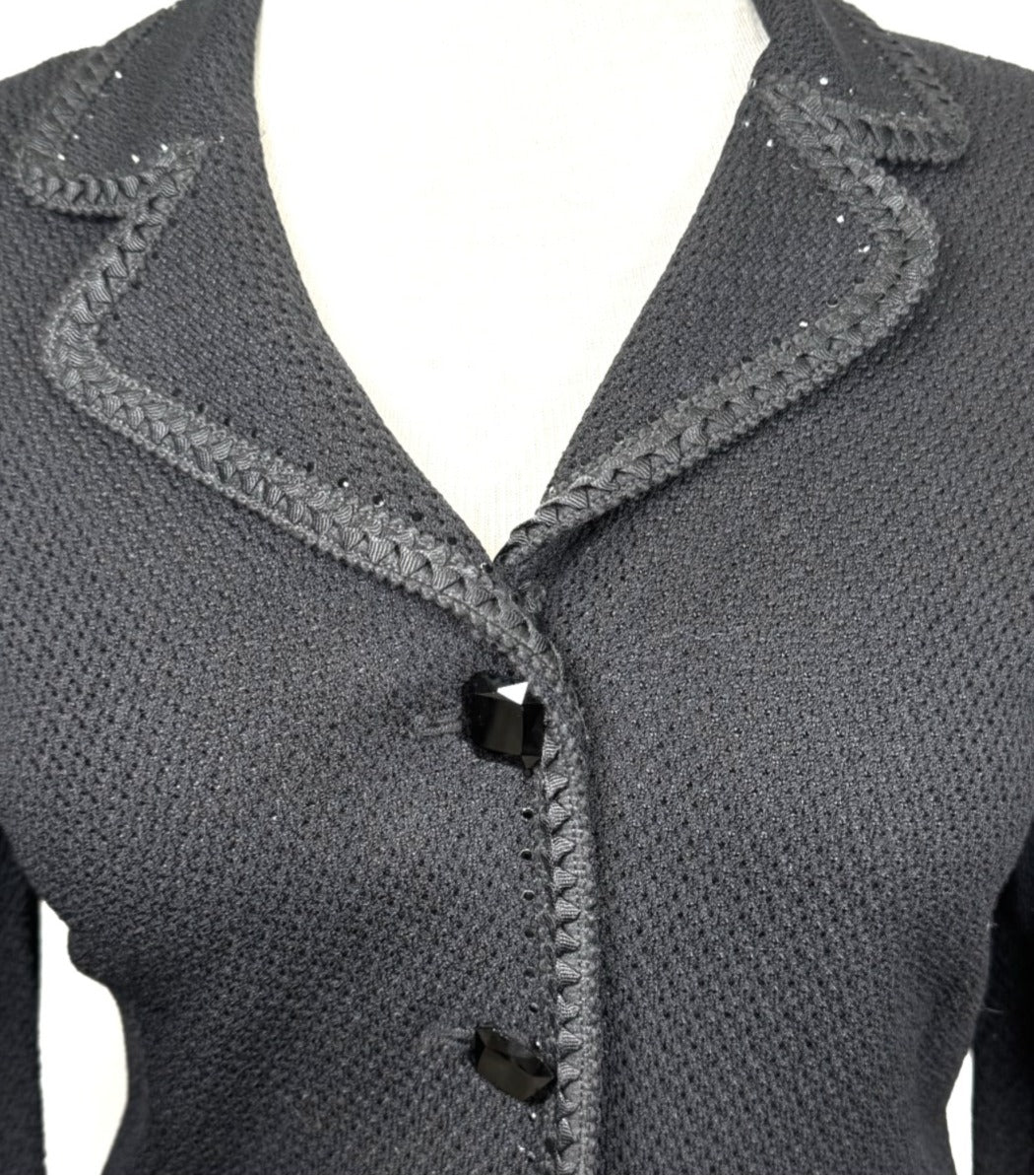 St. John Evening Black Textured Knit Jacket – Square Glass Buttons & Paillette Ribbon Trim - Size 12