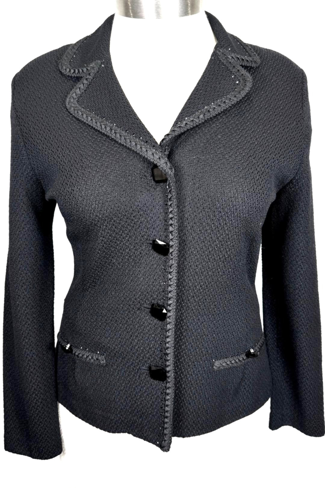 St. John Evening Black Textured Knit Jacket – Square Glass Buttons & Paillette Ribbon Trim - Size 12