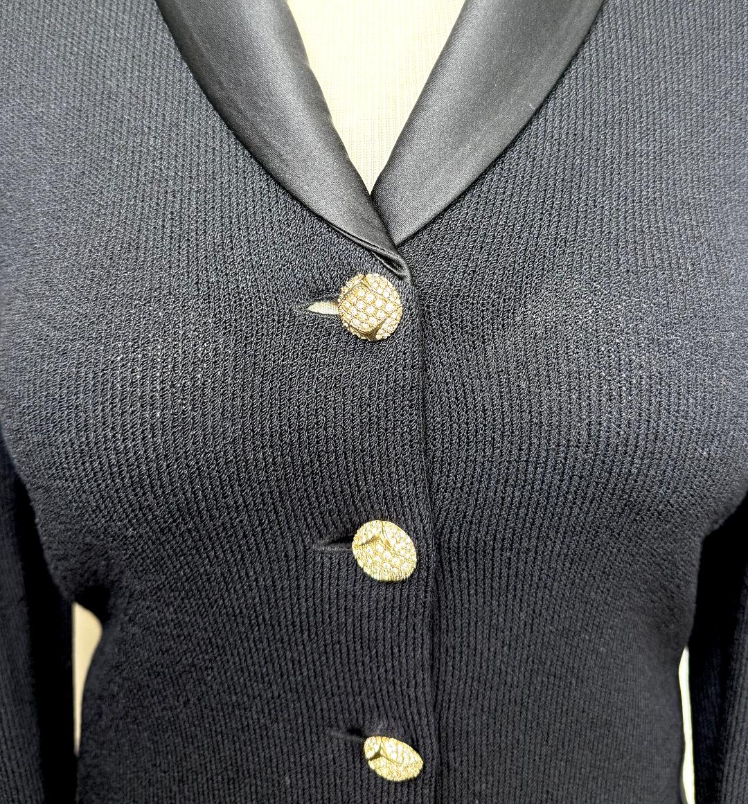 St. John Evening Black Santana Knit Jacket – Satin Collar & Gold Crystal Buttons - Size 10