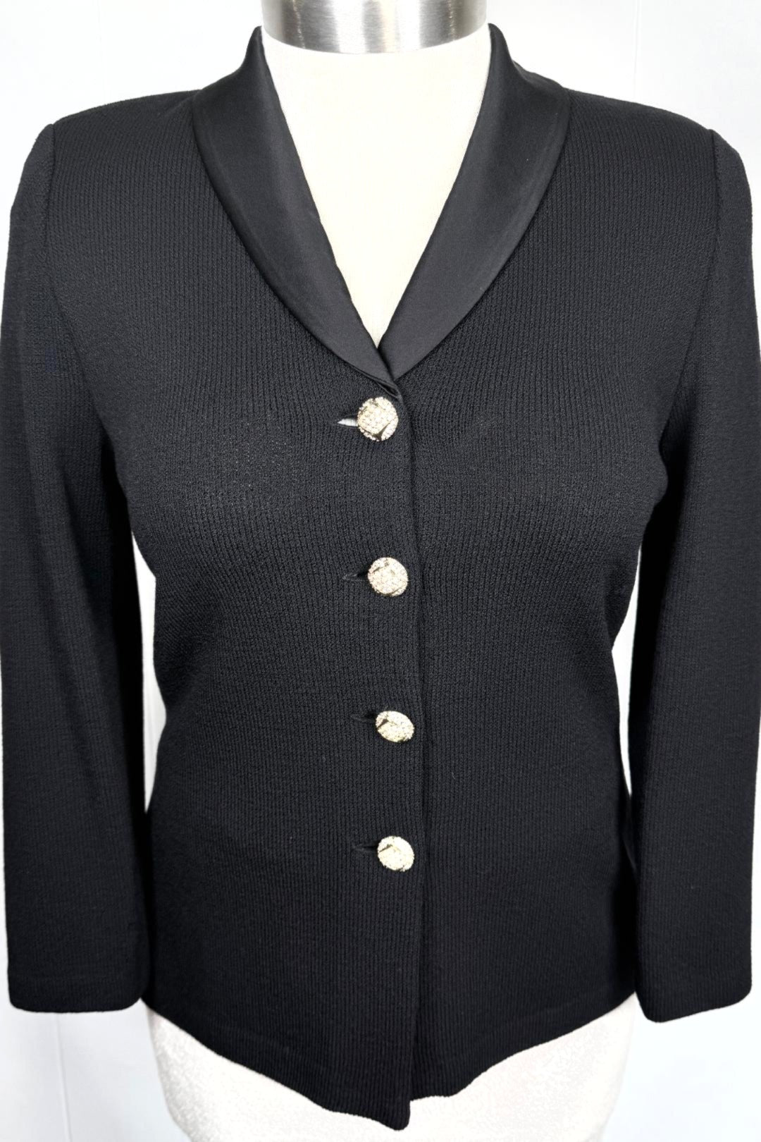 St. John Evening Black Santana Knit Jacket – Satin Collar & Gold Crystal Buttons - Size 10