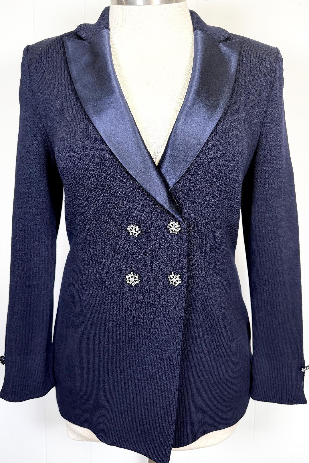 Beautiful St.John Evening Long double breasted jacket in navy with crystal buttons size 8