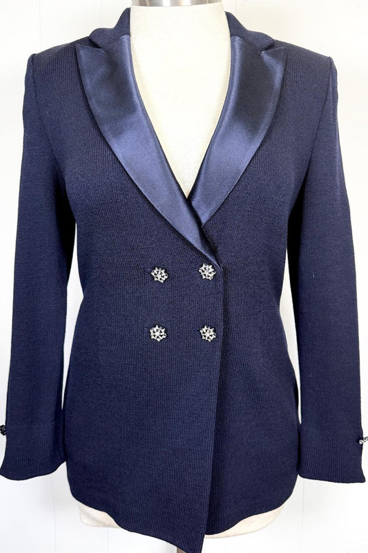 Beautiful St.John Evening Long double breasted jacket in navy with crystal buttons size 8