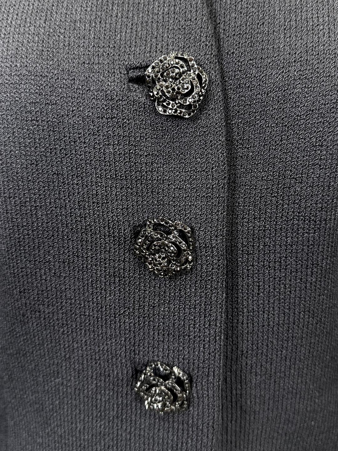 St. John Black Santana Knit Jacket – Crystal Buttons & Unique Front Opening – Size 6