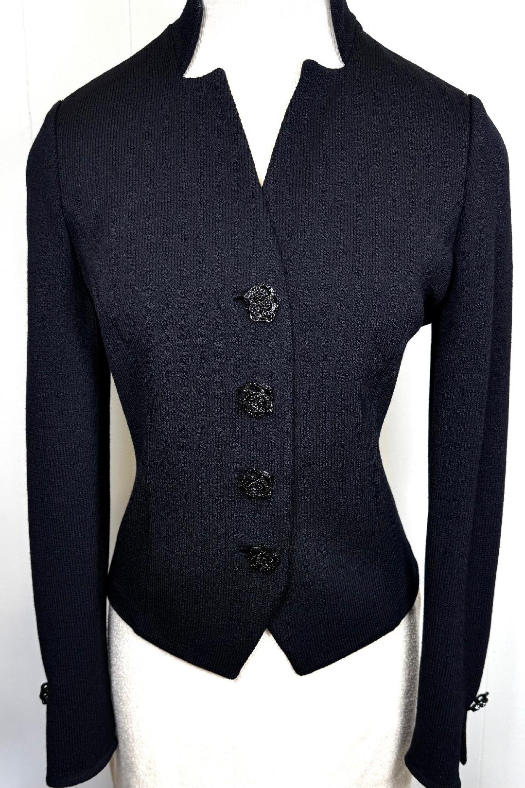 St. John Black Santana Knit Jacket – Crystal Buttons & Unique Front Opening – Size 6