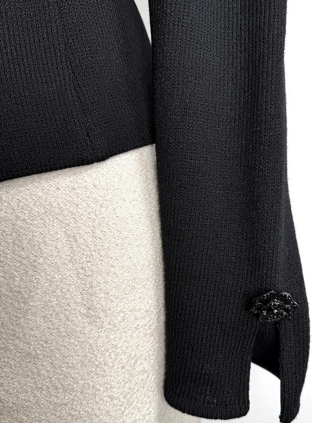 St. John Black Santana Knit Jacket – Crystal Buttons & Unique Front Opening – Size 6