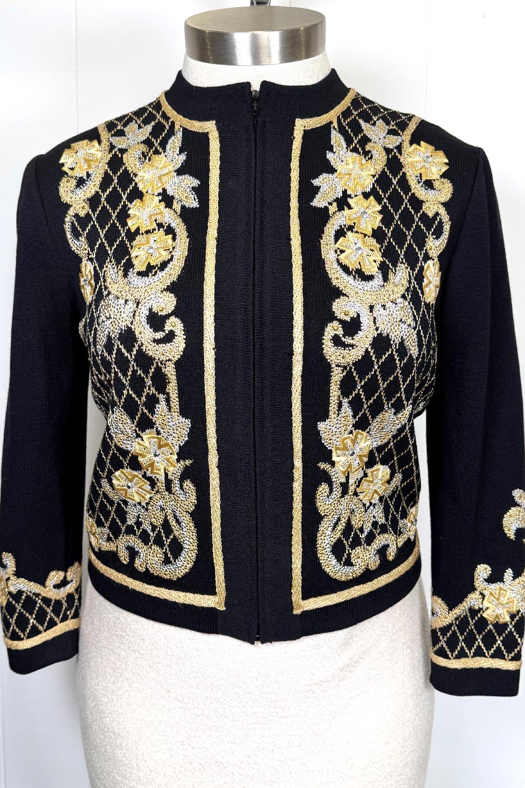 St. John Black Santana Knit Embellished Jacket – Gold & Silver Paillettes – Size 6