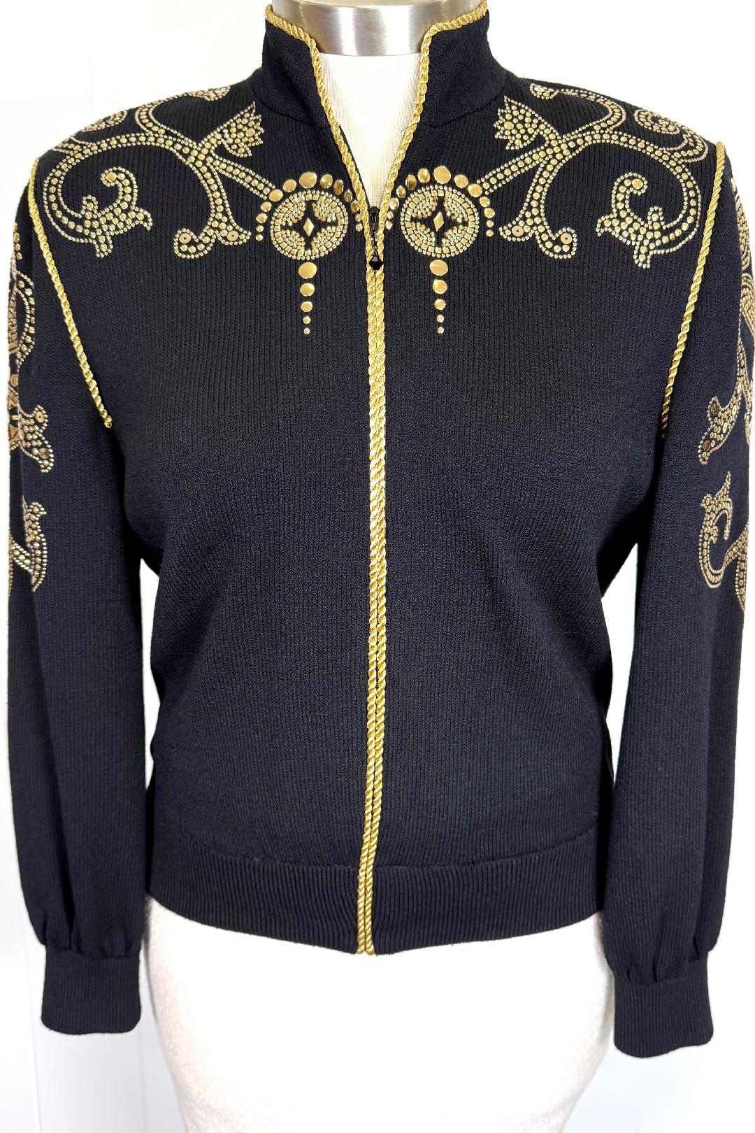 St. John Black Santana Knit Jacket with Gold Paillettes – Size 8