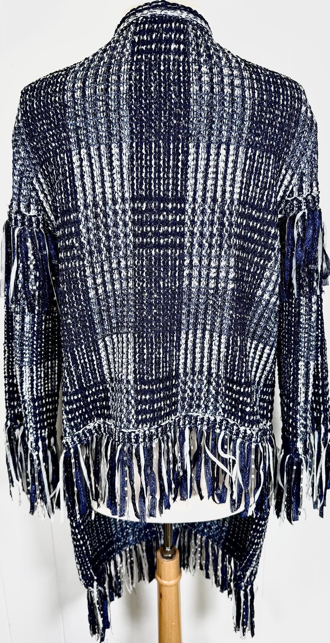 St. John Couture Blue & White Sequin Fringe Jacket – Size M