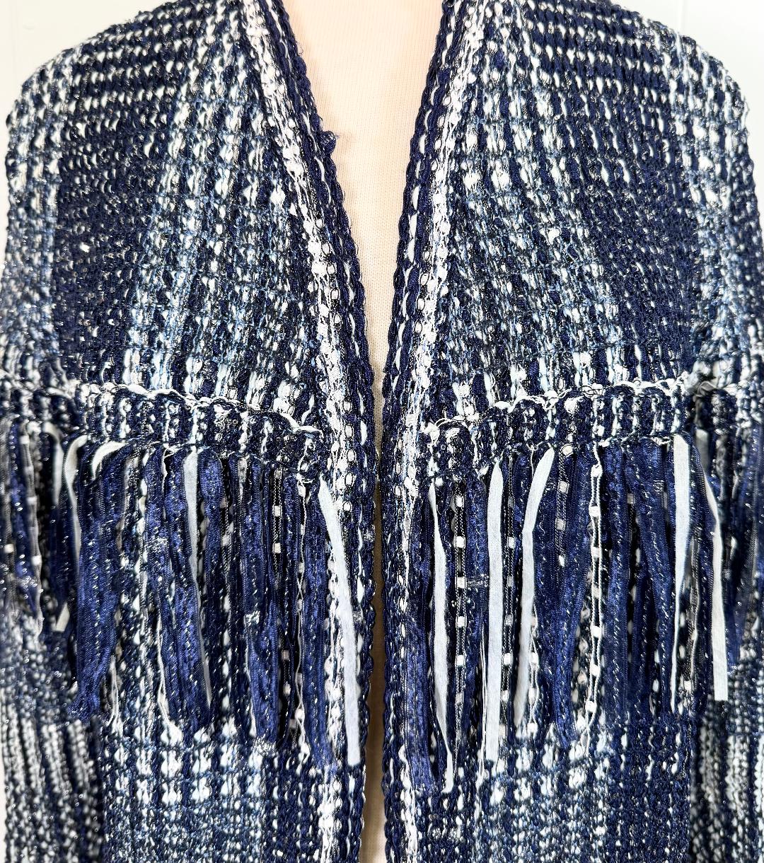 St. John Couture Blue & White Sequin Fringe Jacket – Size M