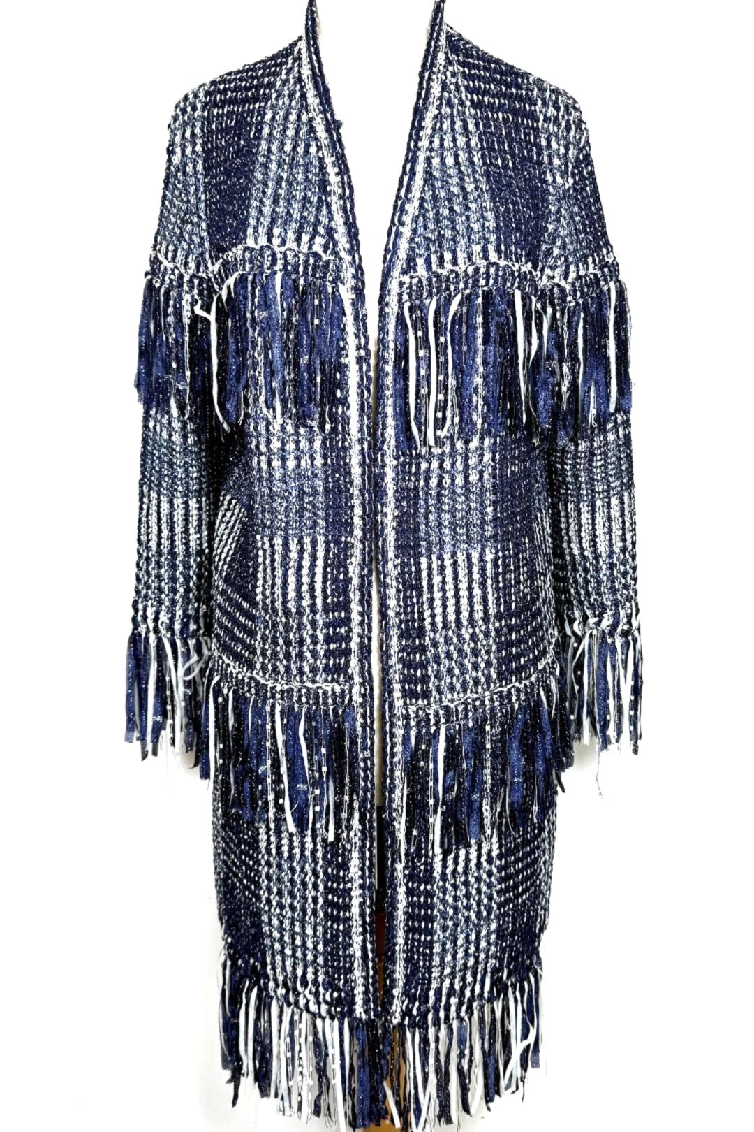 St. John Couture Blue & White Sequin Fringe Jacket – Size M