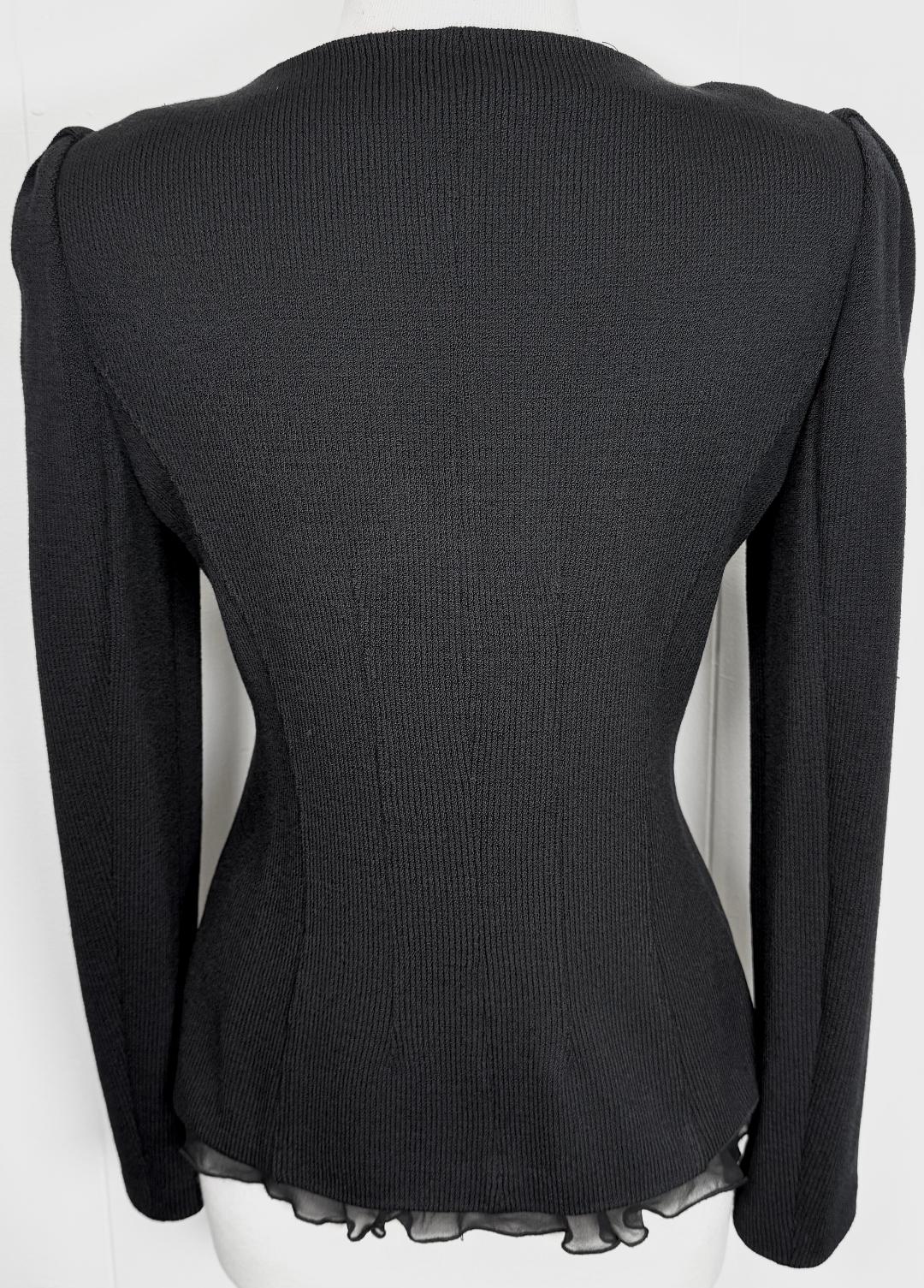 St. John Black Santana Knit Jacket with Silk Ruffle Trim – Size 6