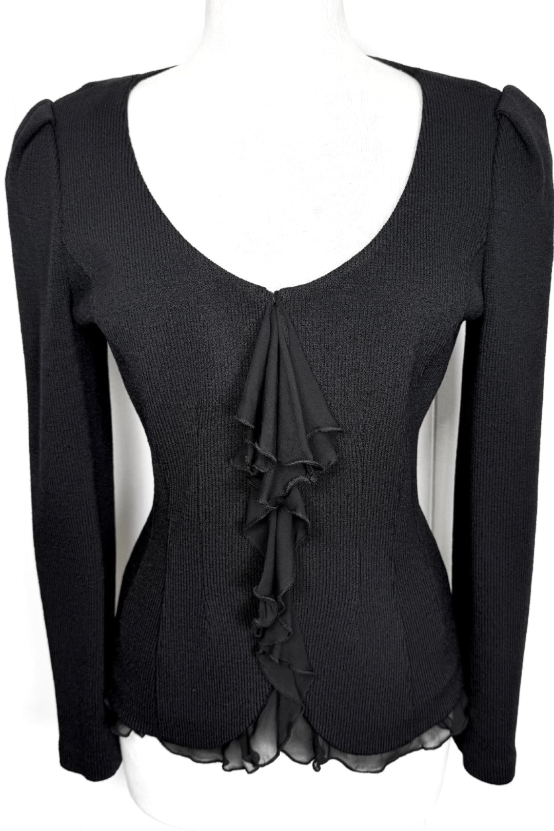 St. John Black Santana Knit Jacket with Silk Ruffle Trim – Size 6