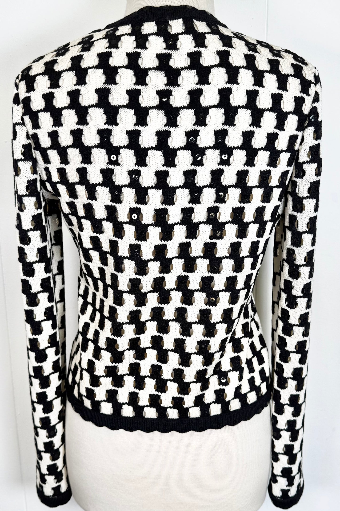 St. John Black & White Santana Knit Jacket – Open Stitch & Black Paillettes – Size 4