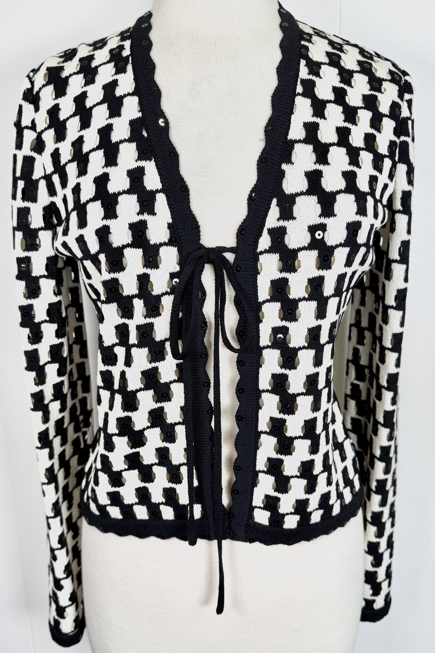 St. John Black & White Santana Knit Jacket – Open Stitch & Black Paillettes – Size 4