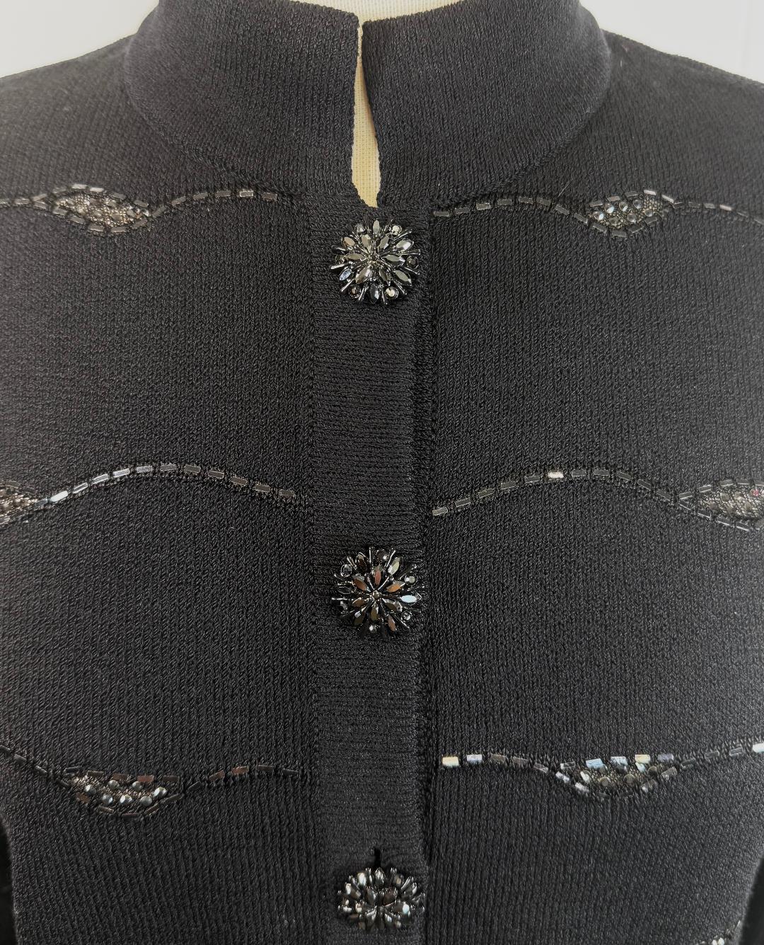 St. John Black Santana Knit Jacket – Shiny Paillettes – Crystal Buttons – Size 6