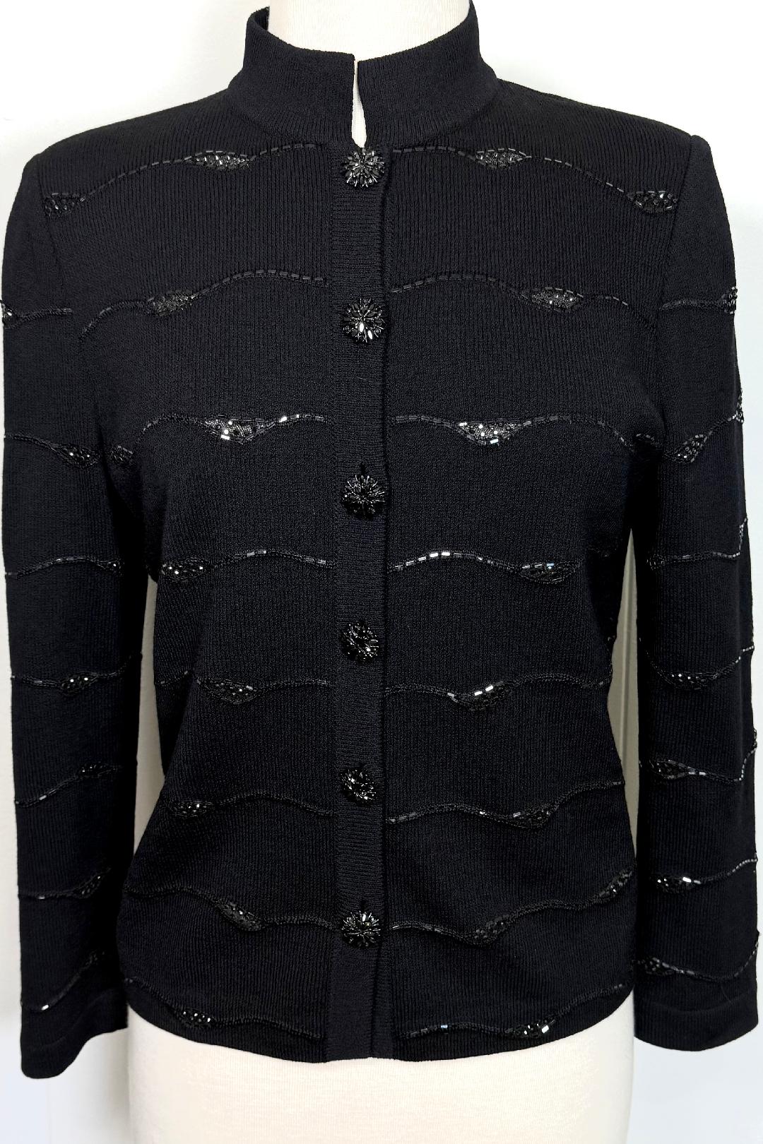 St. John Black Santana Knit Jacket – Shiny Paillettes – Crystal Buttons – Size 6