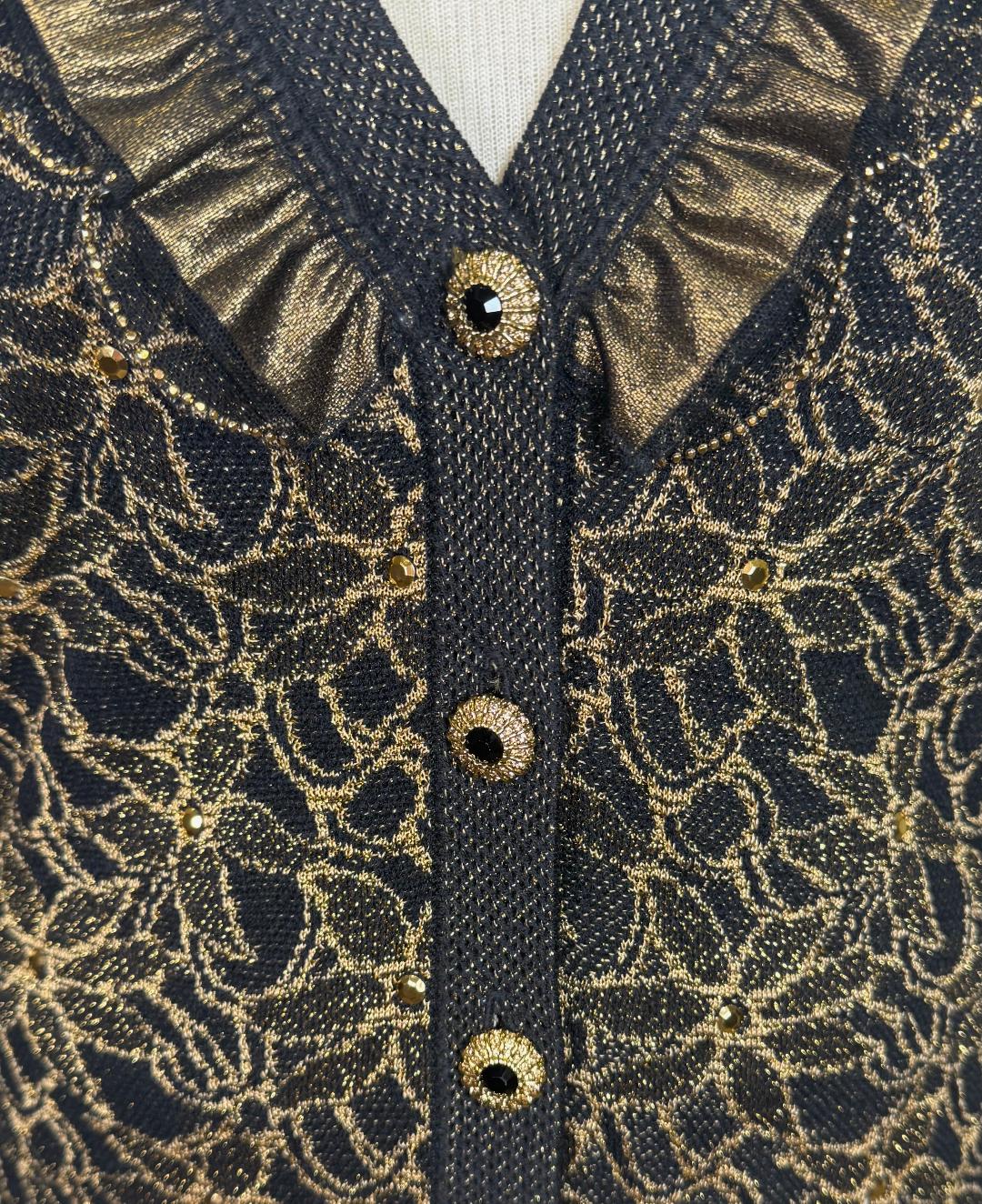 St. John Black & Gold Metallic Knit Jacket – Ruffled Trim & Statement Buttons – Size 10