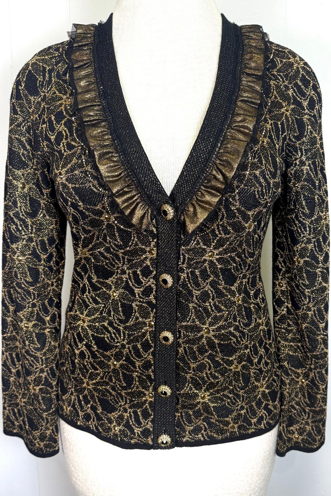 St. John Black & Gold Metallic Knit Jacket – Ruffled Trim & Statement Buttons – Size 10