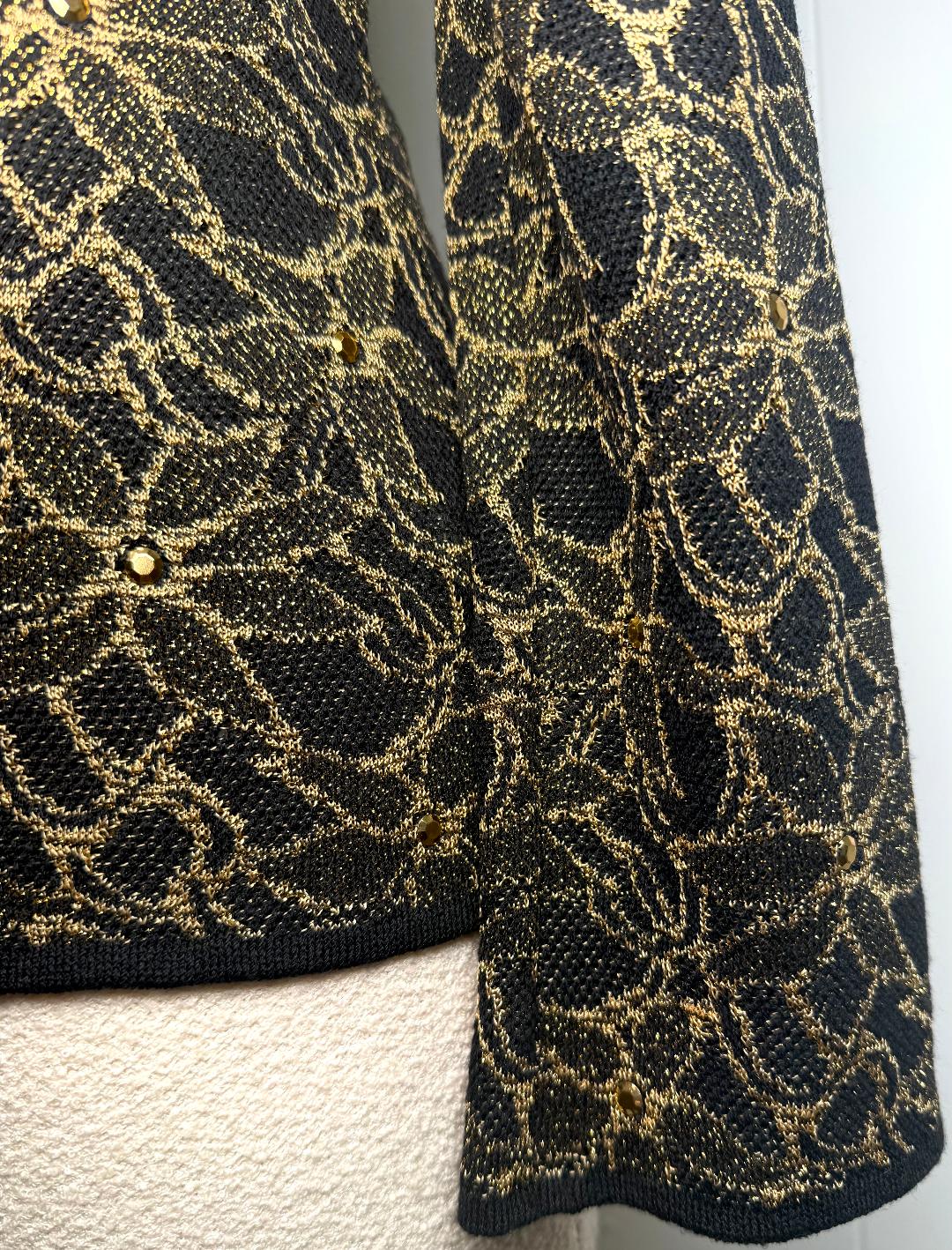 St. John Black & Gold Metallic Knit Jacket – Ruffled Trim & Statement Buttons – Size 10