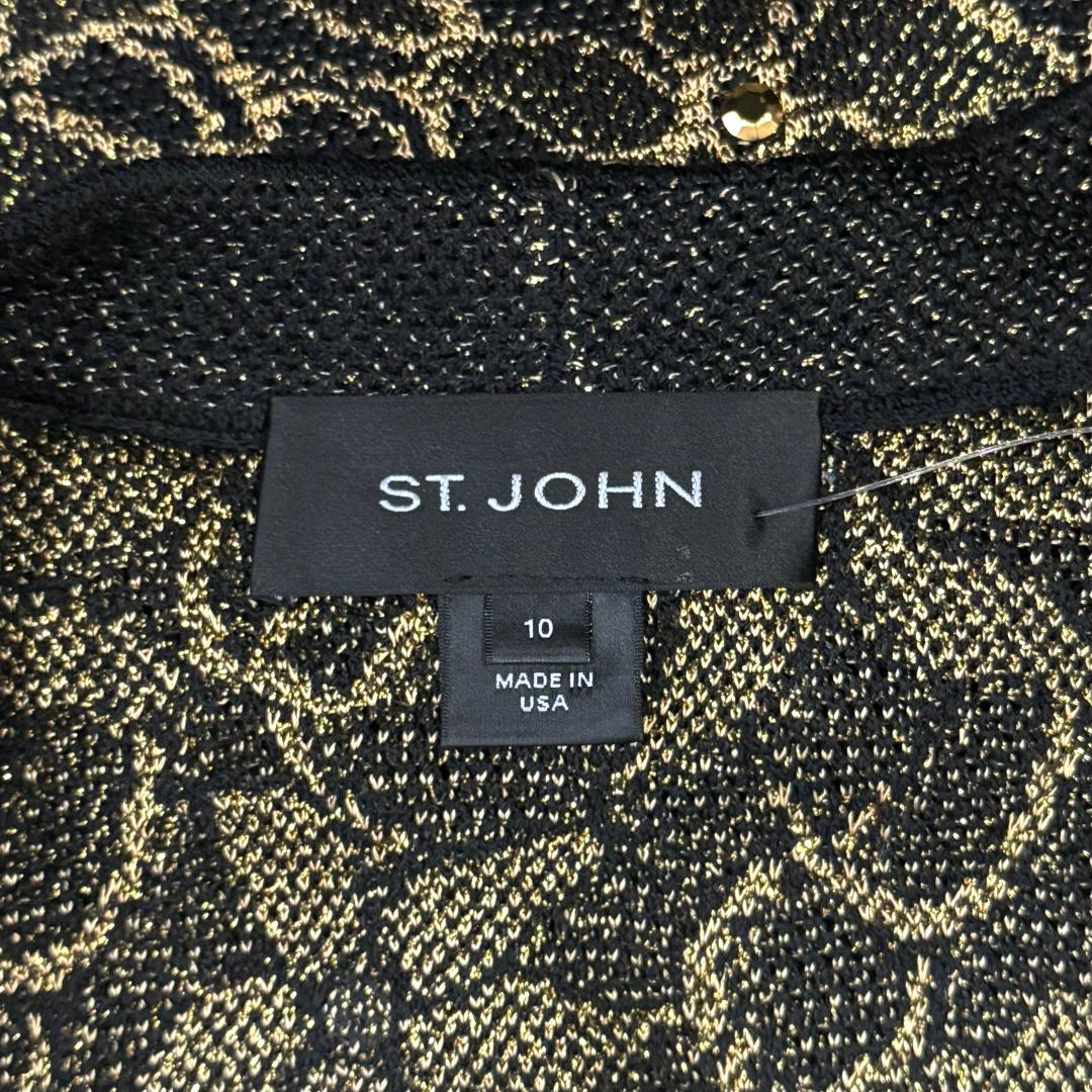 St. John Black & Gold Metallic Knit Jacket – Ruffled Trim & Statement Buttons – Size 10