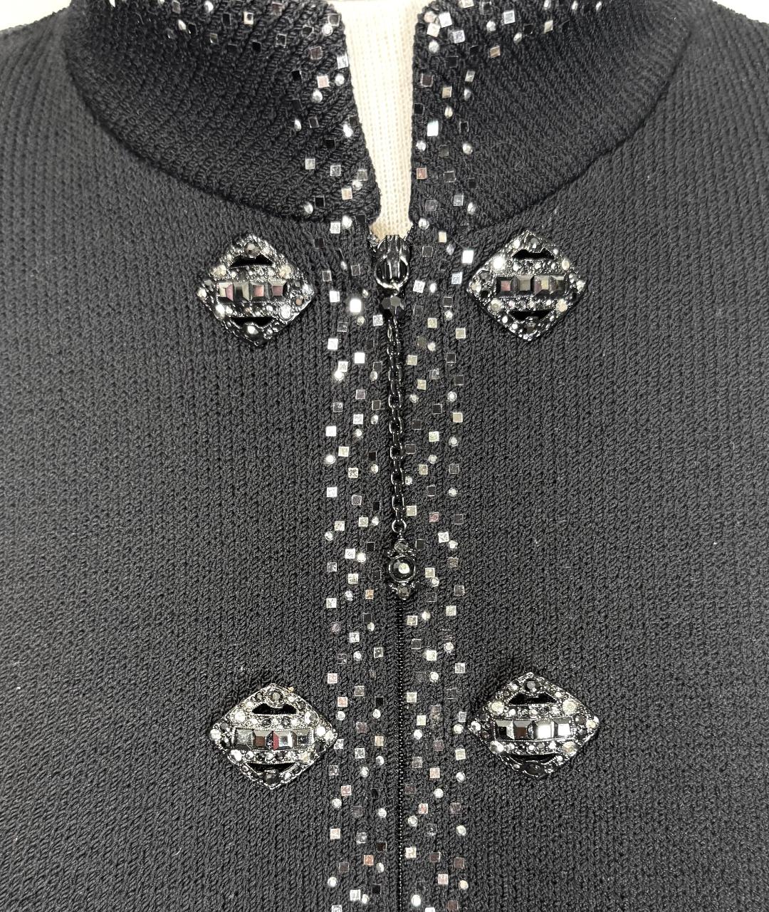 St. John Black Santana Knit Evening Jacket – Crystal Zipper Pull & Paillette Trim – Size 10
