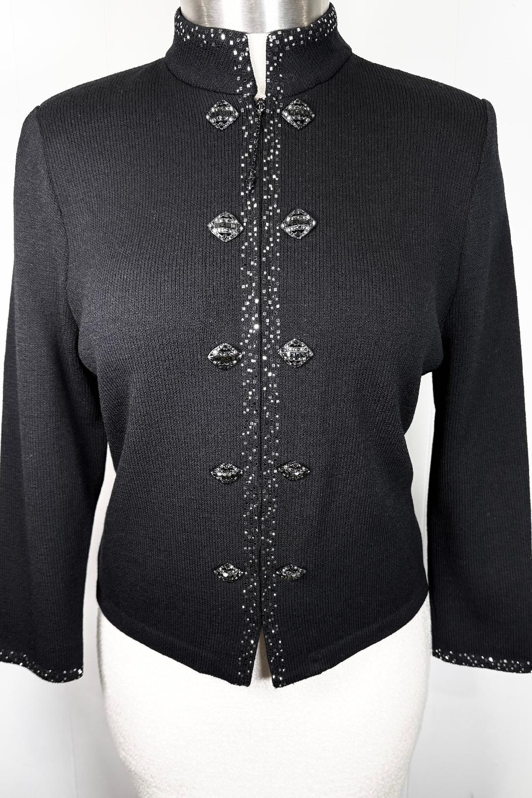 St. John Black Santana Knit Evening Jacket – Crystal Zipper Pull & Paillette Trim – Size 10