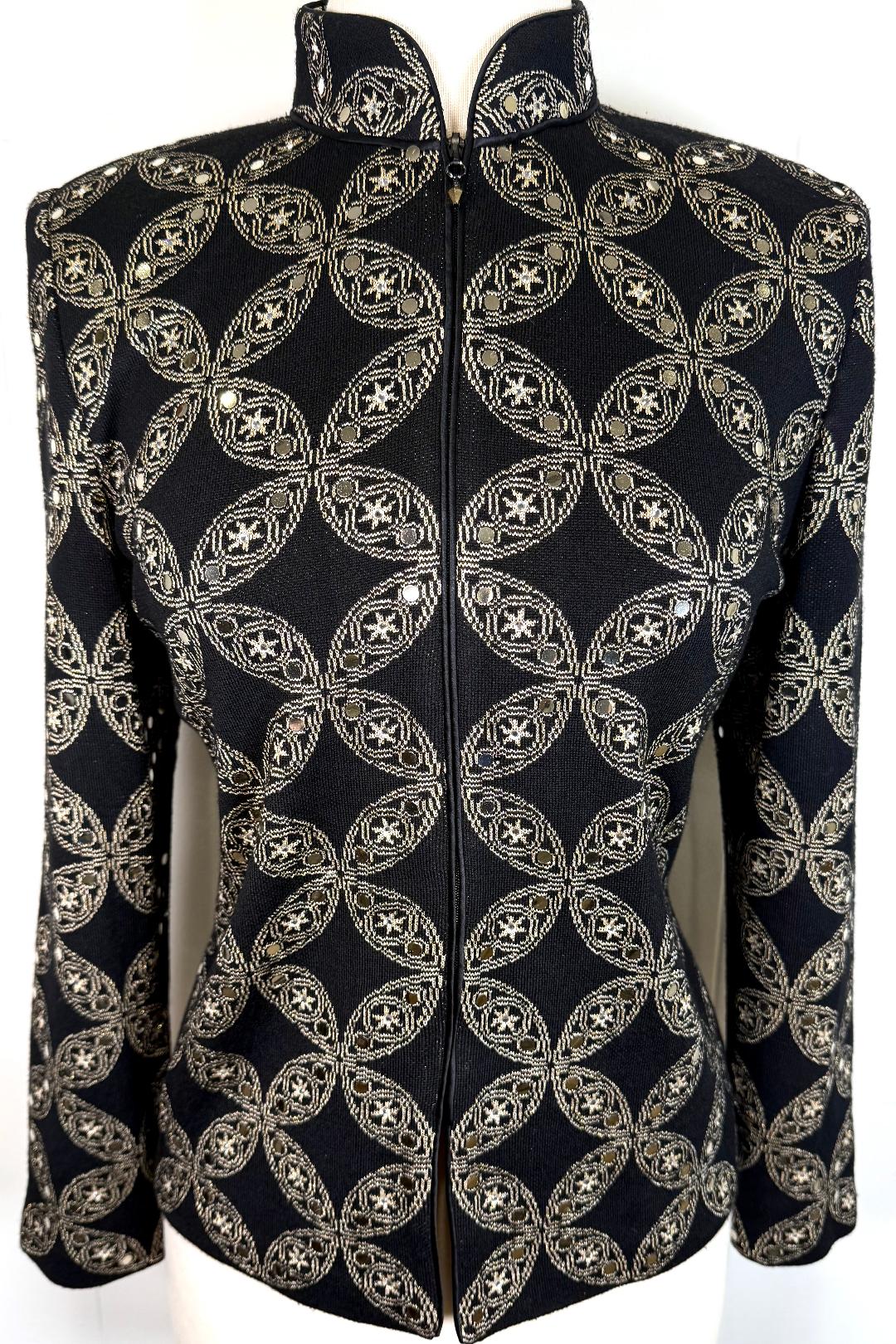 St. John Black & Gold Wool-Blend Evening Jacket – Zip Front – Size 6