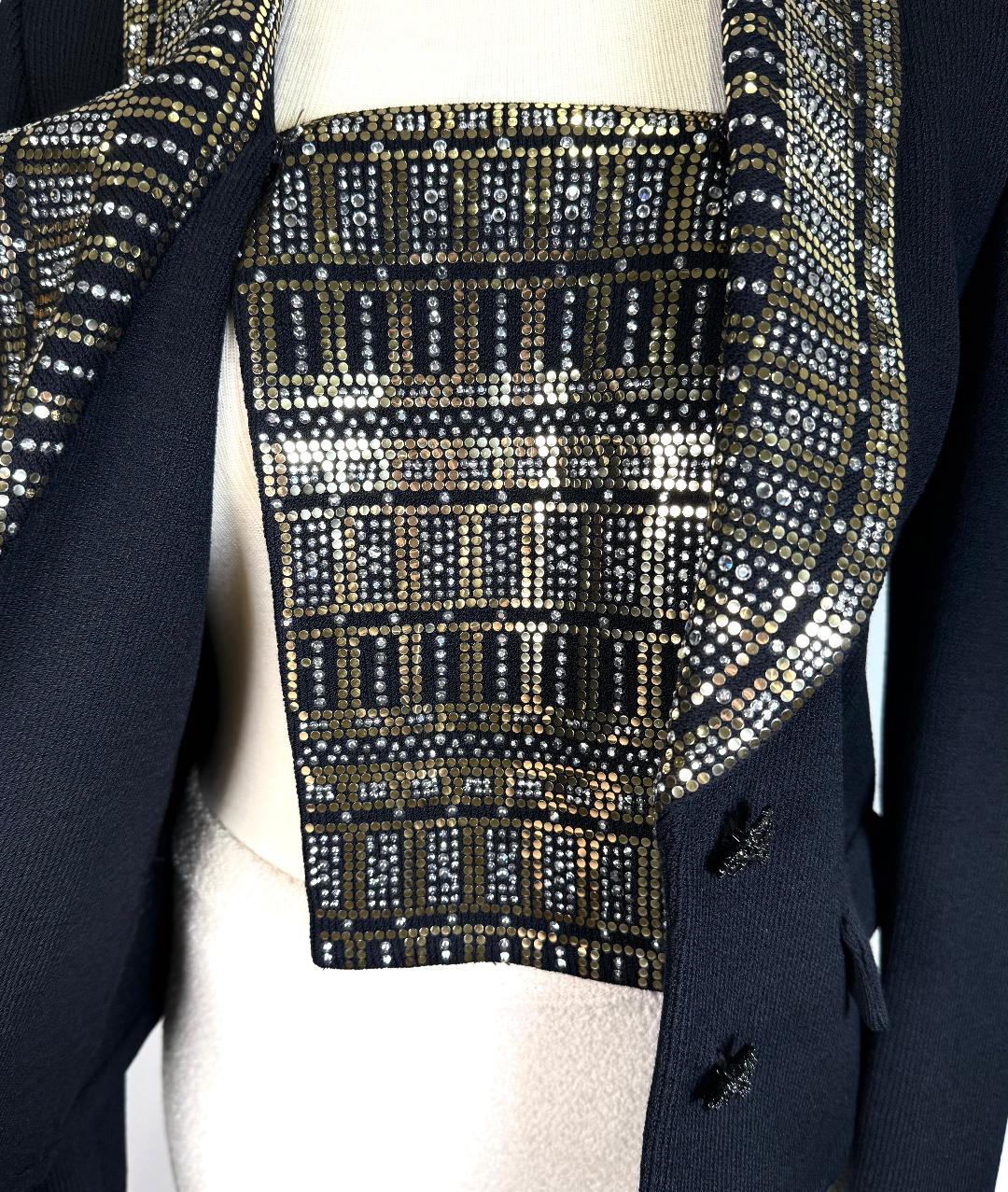 St. John Black Santana Knit Evening Jacket – Gold Paillette Crystal Collar – Size 6