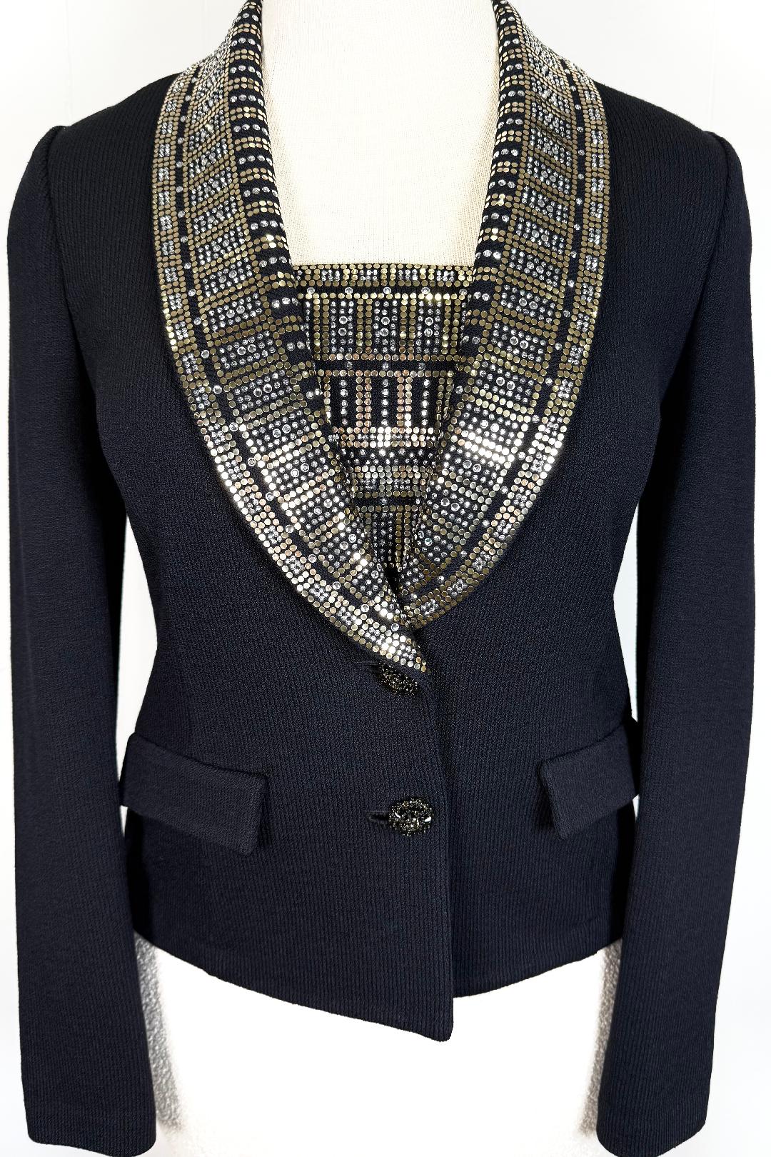 St. John Black Santana Knit Evening Jacket – Gold Paillette Crystal Collar – Size 6