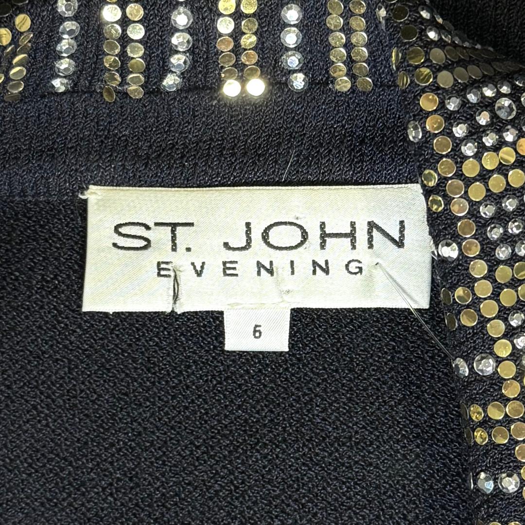 St. John Black Santana Knit Evening Jacket – Gold Paillette Crystal Collar – Size 6