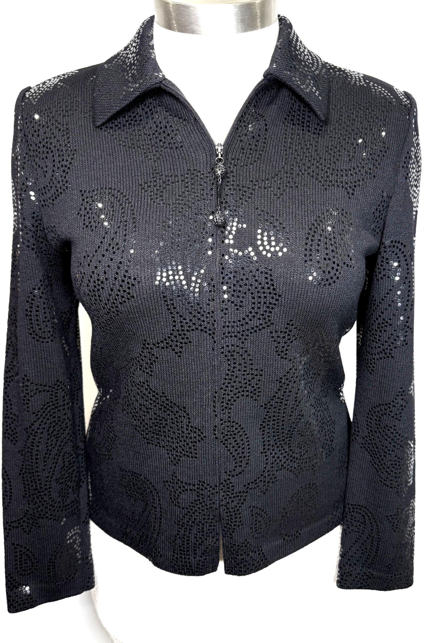 St. John Black Santana Knit Evening Jacket – Circle Paillettes – Crystal Zipper – Size 8
