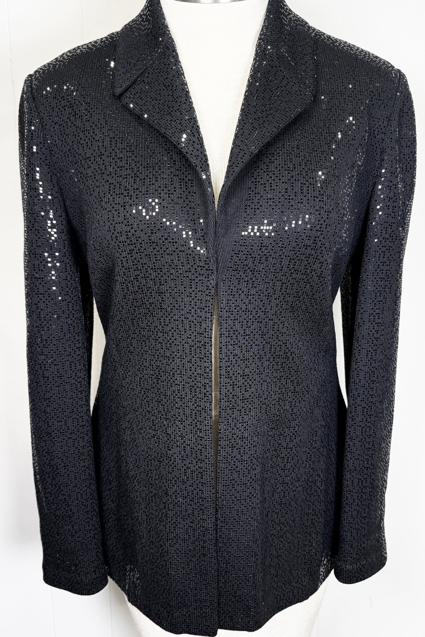 St. John Black Santana Knit Long Jacket – All-Over Shiny Paillettes – Elegant Statement – Size 12