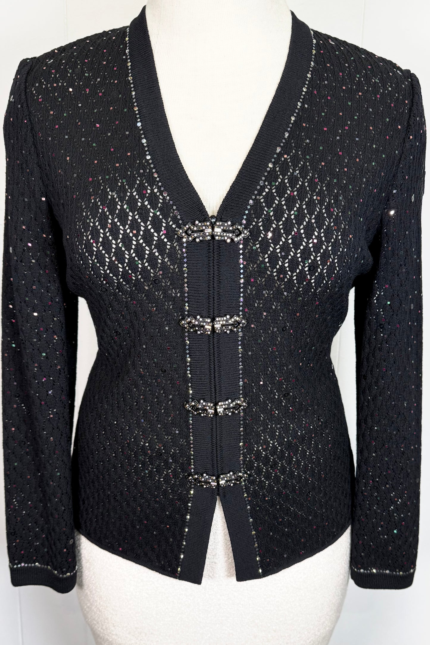 St. John Black Santana Knit Evening Jacket – Multi-Color Paillettes – Size 8