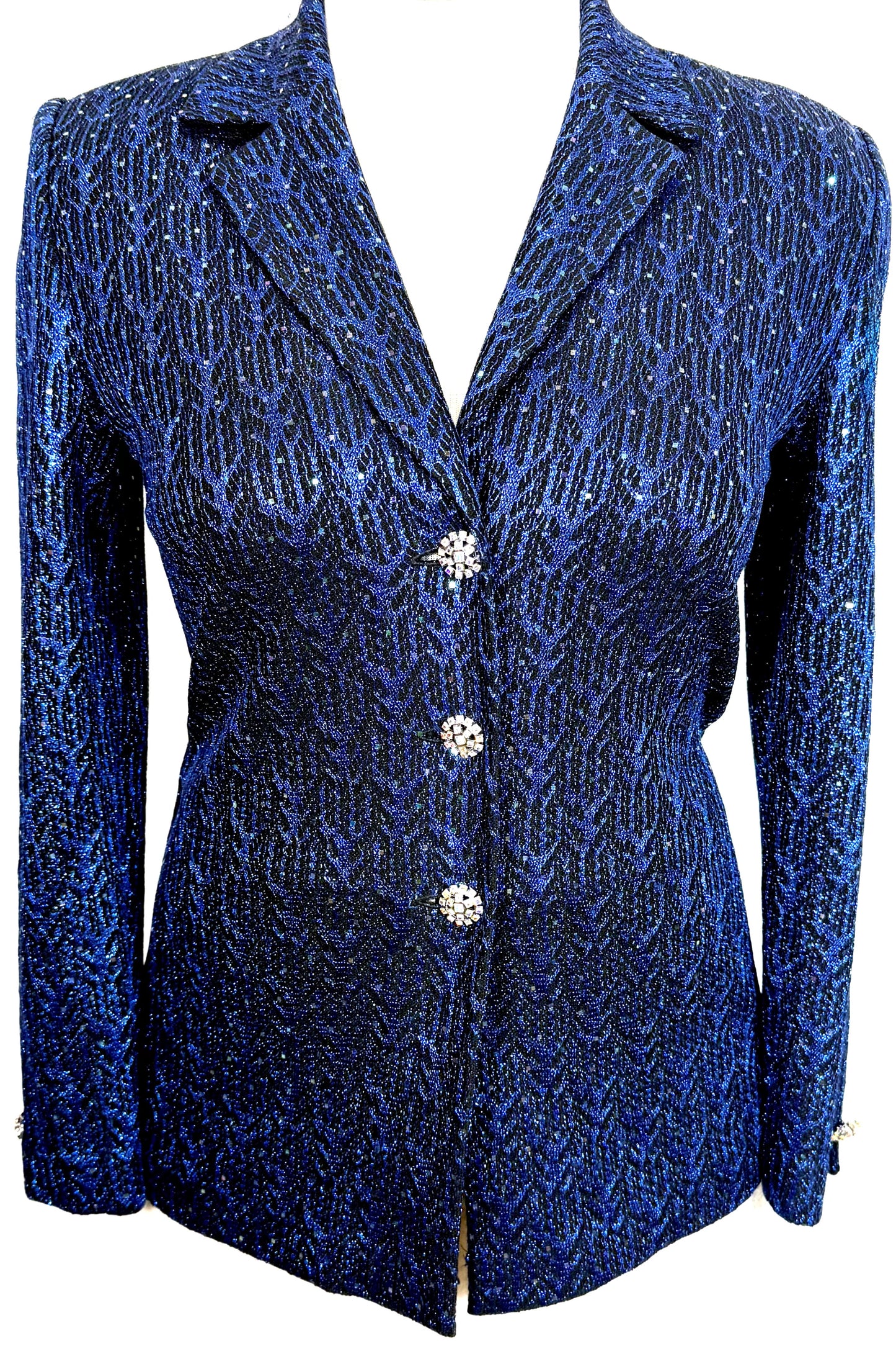 St. John Blue/Multi-Color Knit Jacket – Crystal Buttons & Subtle Paillettes – Size 8