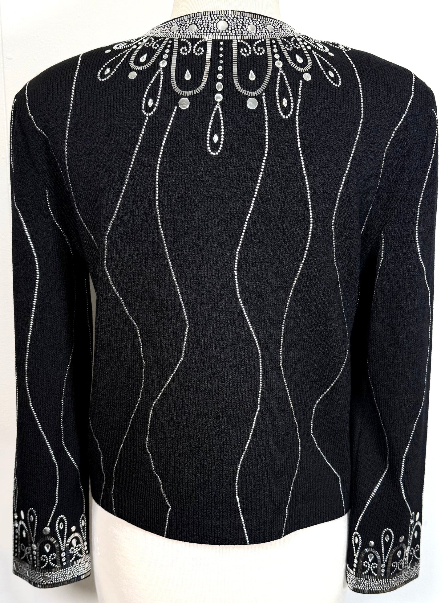 St. John Black Santana Knit Evening Jacket – Silver Crystal Paillettes – Size 14