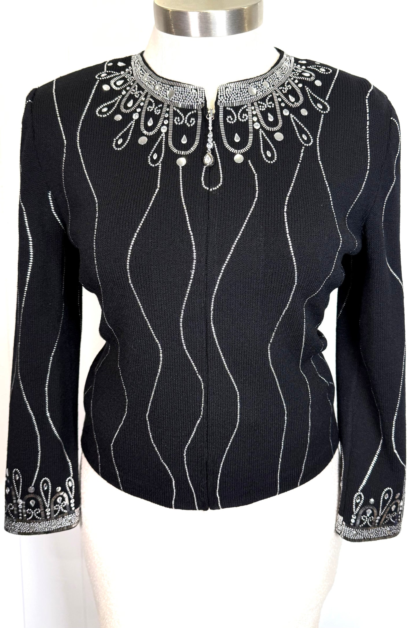 St. John Black Santana Knit Evening Jacket – Silver Crystal Paillettes – Size 14