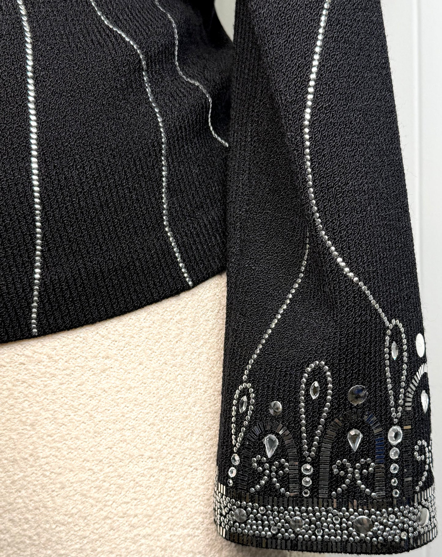 St. John Black Santana Knit Evening Jacket – Silver Crystal Paillettes – Size 14