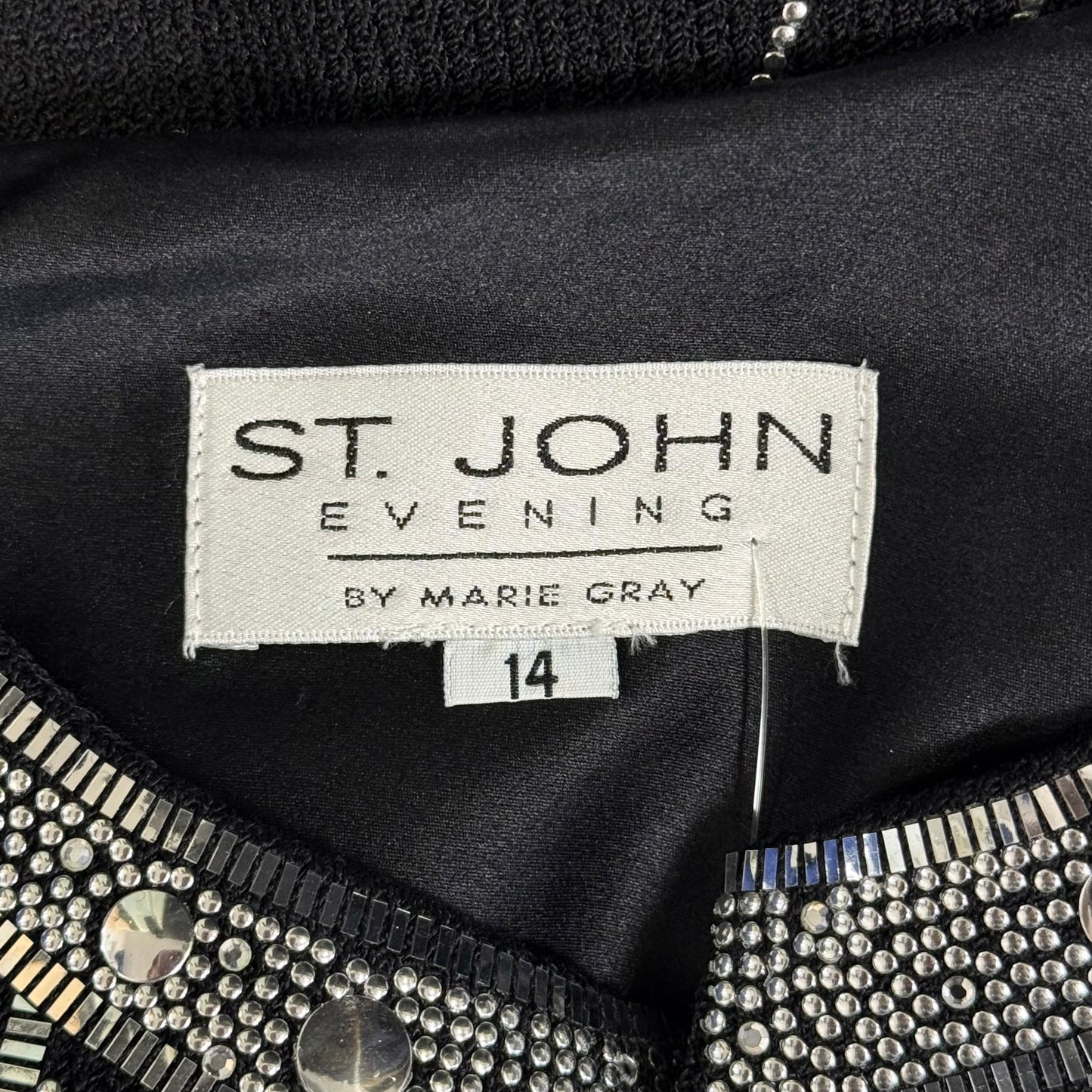 St. John Black Santana Knit Evening Jacket – Silver Crystal Paillettes – Size 14