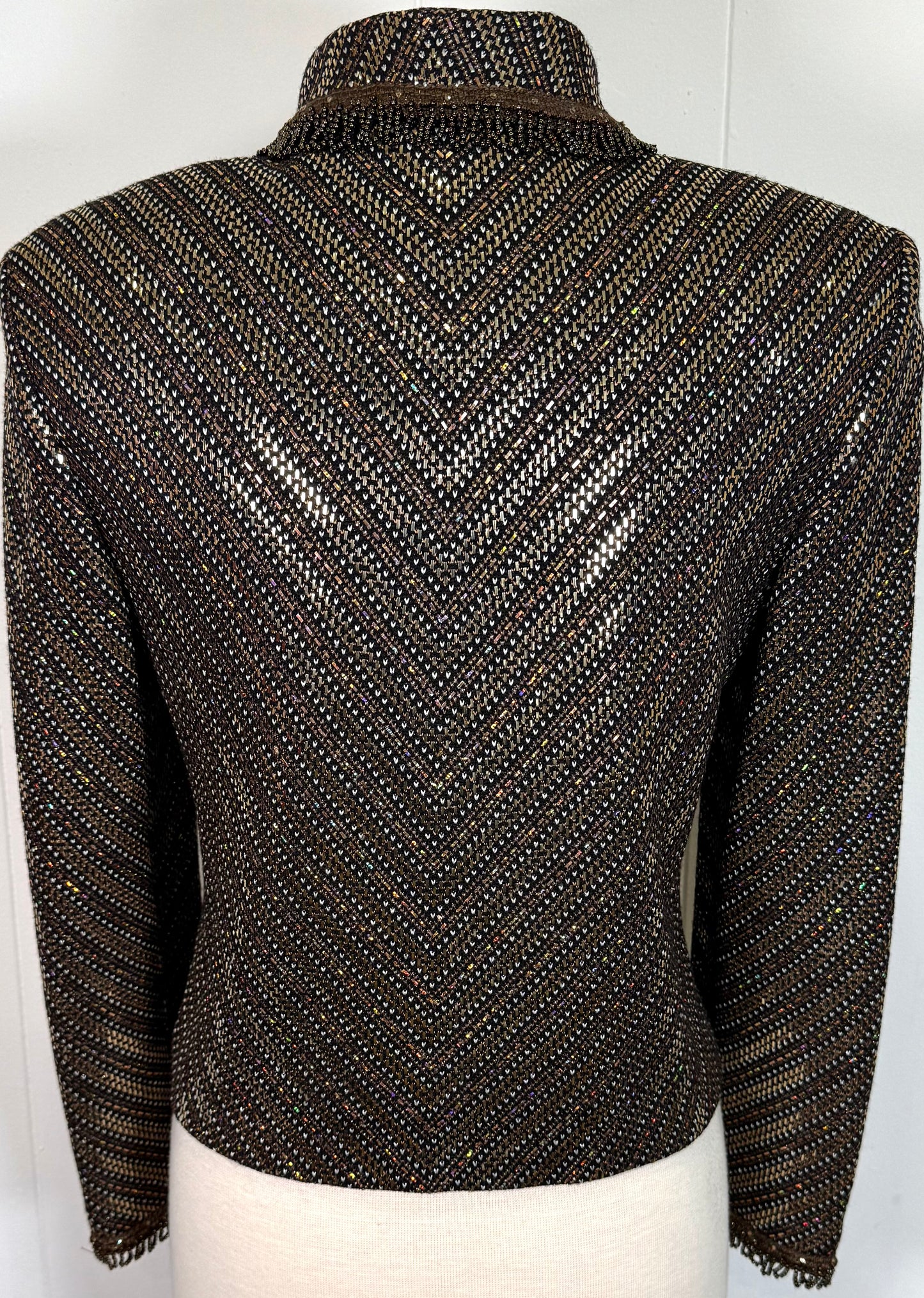 St. John Black Multi-Tone Paillettes Evening Jacket – Beaded Tassel Trim – Size 6