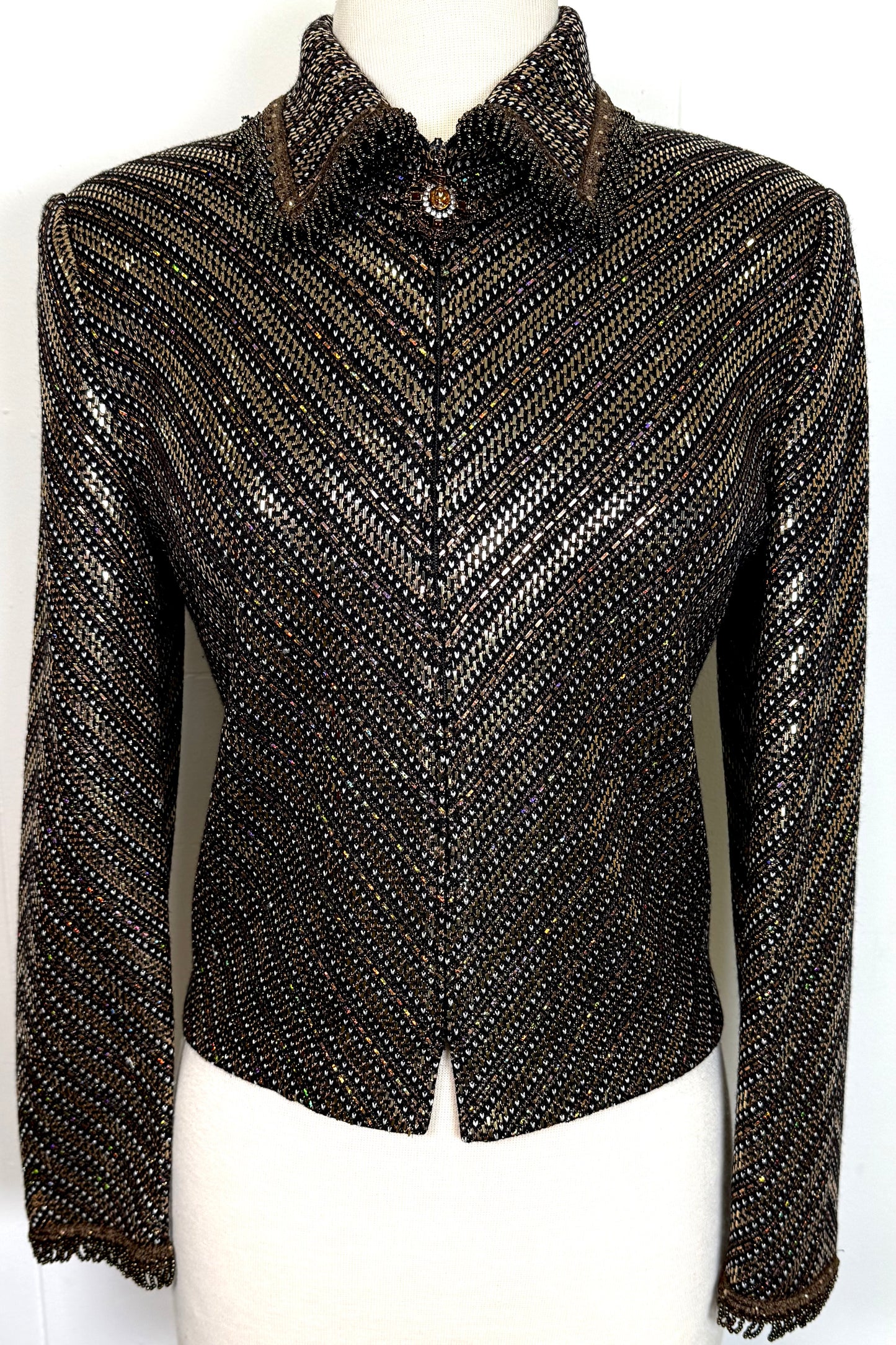 St. John Black Multi-Tone Paillettes Evening Jacket – Beaded Tassel Trim – Size 6