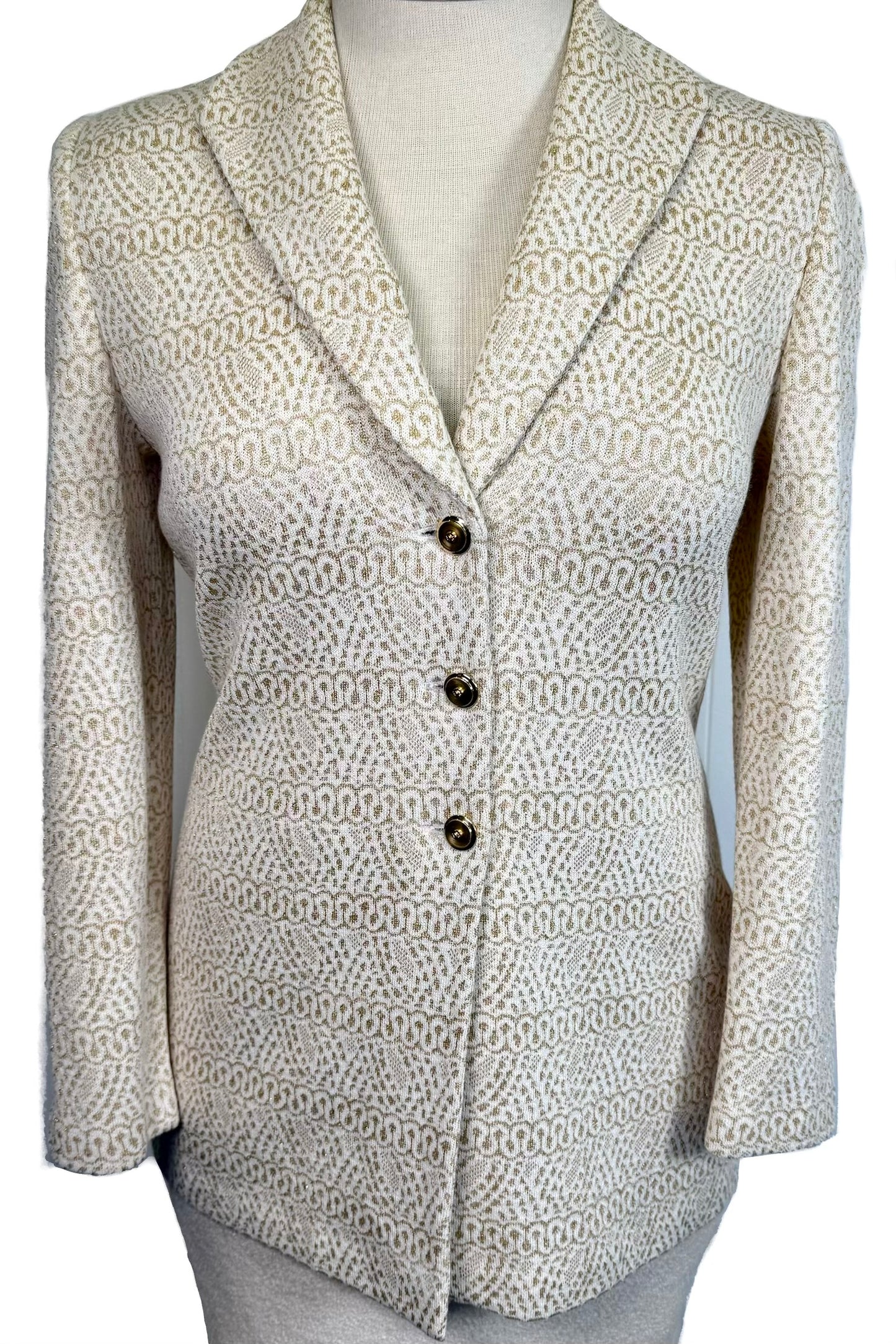 St. John White & Gold Pattern Knit Long Lightweight Jacket – Gold Logo Buttons – Size 8