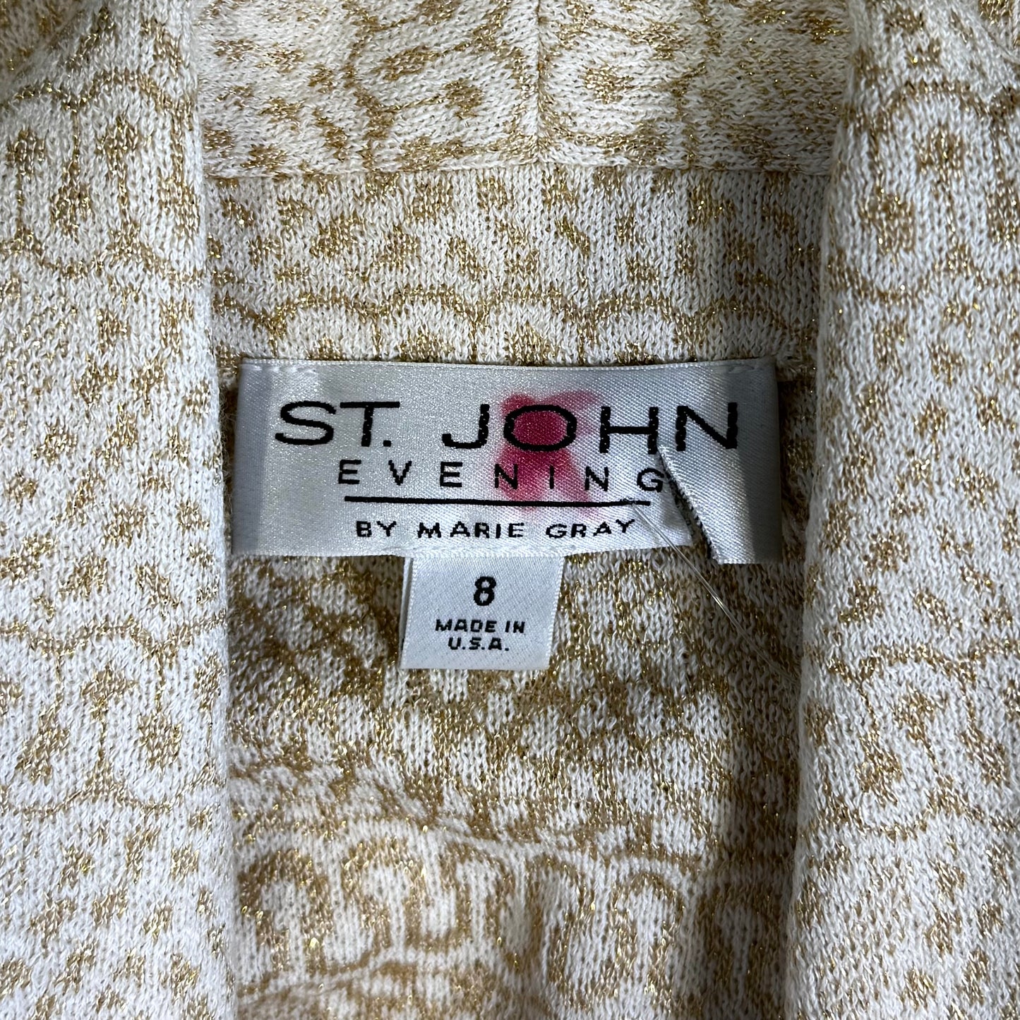 St. John White & Gold Pattern Knit Long Lightweight Jacket – Gold Logo Buttons – Size 8