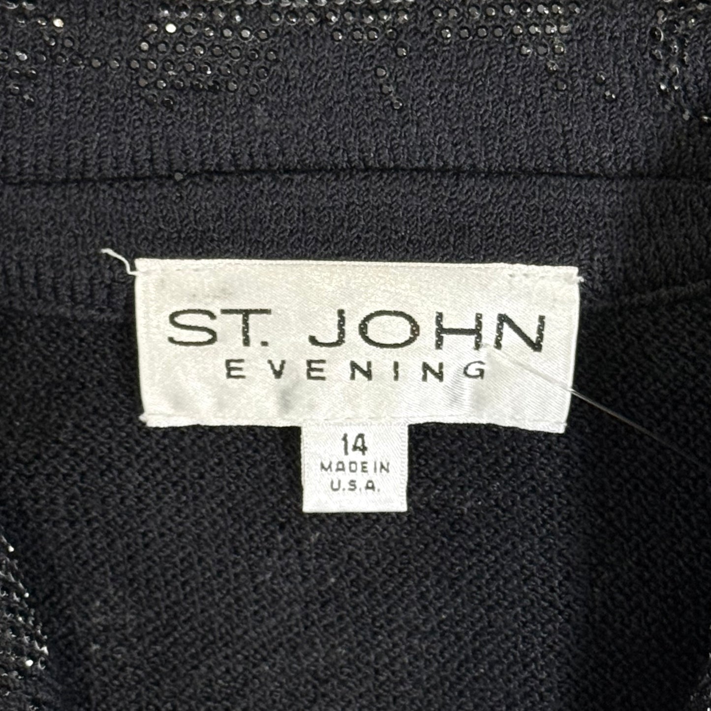 St. John Black Santana Knit Evening Jacket – Black Paillettes Design – Size 14