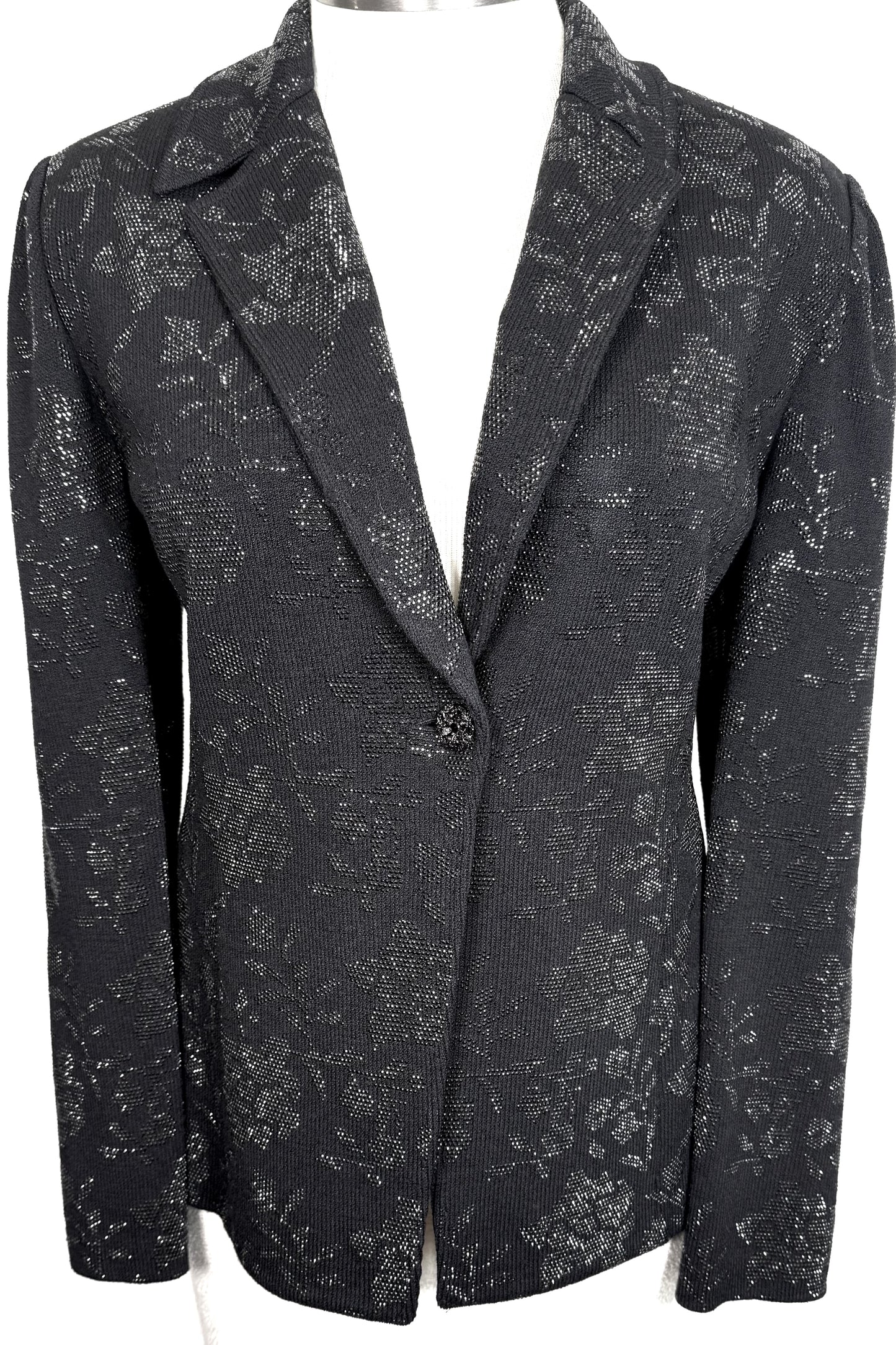 St. John Black Santana Knit Evening Jacket – Black Paillettes Design – Size 14