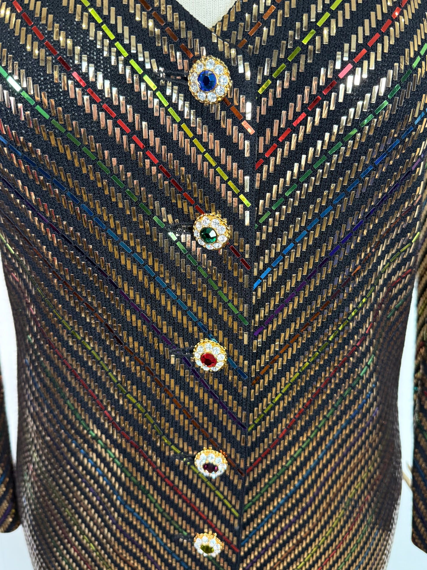 St. John Black Santana Knit Evening Jacket – Multicolor Paillettes & Crystal Buttons – Size 12