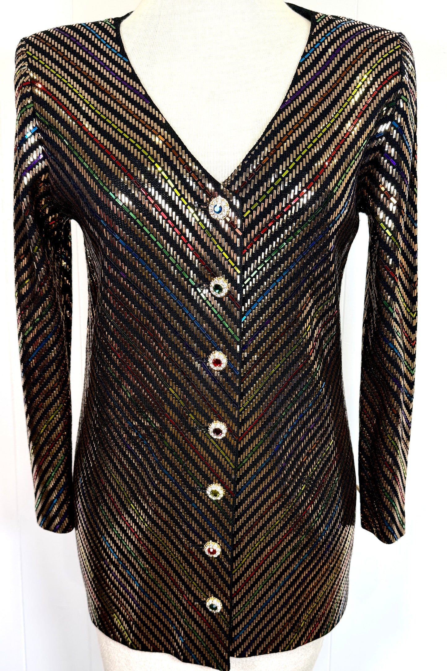 St. John Black Santana Knit Evening Jacket – Multicolor Paillettes & Crystal Buttons – Size 12