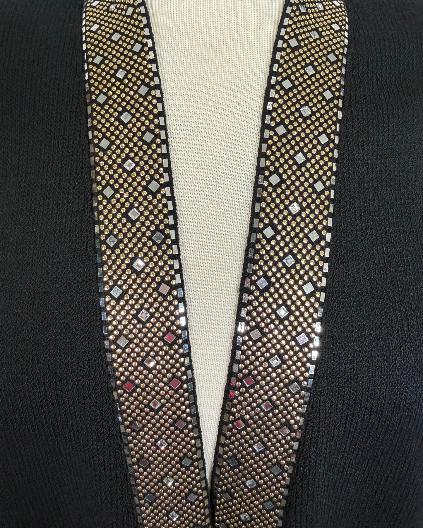 St. John Black Santana Knit Long Evening Jacket – Gold, Silver & Crystal Paillettes – Size 8